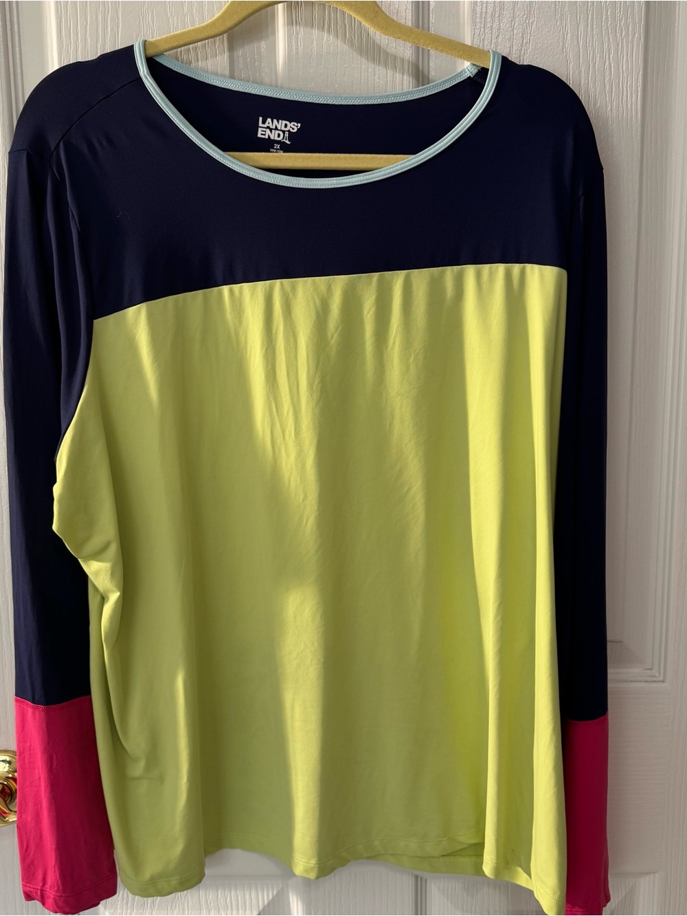Lands' End Colorblock Long-Sleeve Sun Shirt- Neon Yellow & Navy